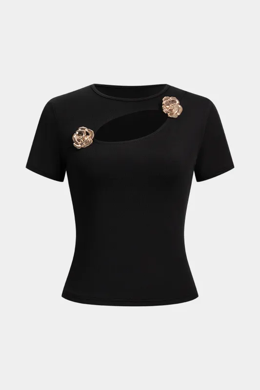 Metallic Round Neck Cut Out Short Sleeve T-Shirt sold by Micas
