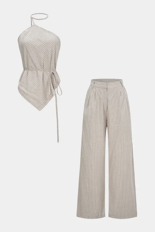 Stripes Print Halter Tie-Up Backless Top And Wide Leg Pants Set sold by Micas