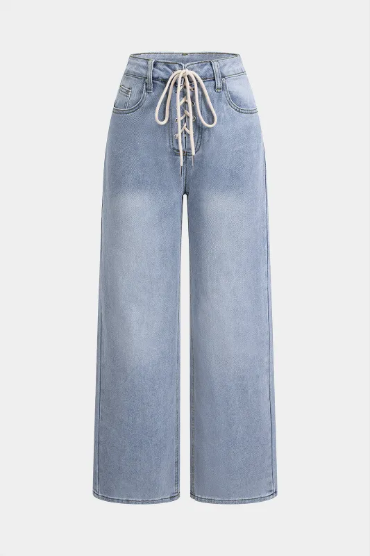 Denim Crossed Tie-Up Pocket Straight Leg Jeans sold by Micas