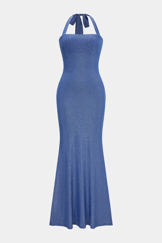 Textured Halter Tie Back Backless Sleeveless Maxi Dress made by Micas