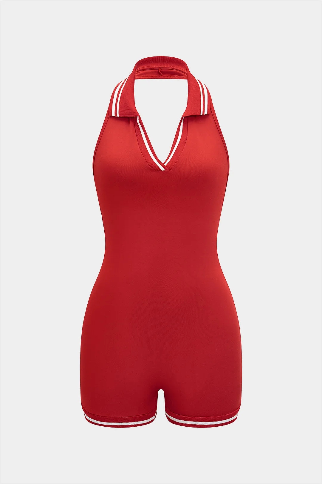 Contrast Halter V-Neck Backless Tie Back Sleeveless Romper sold by Micas