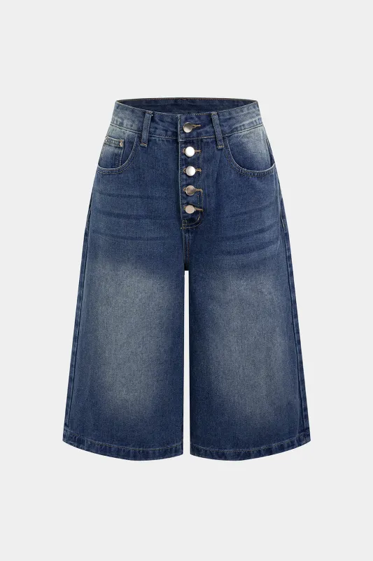 Denim Button Wide Leg Shorts sold by Micas