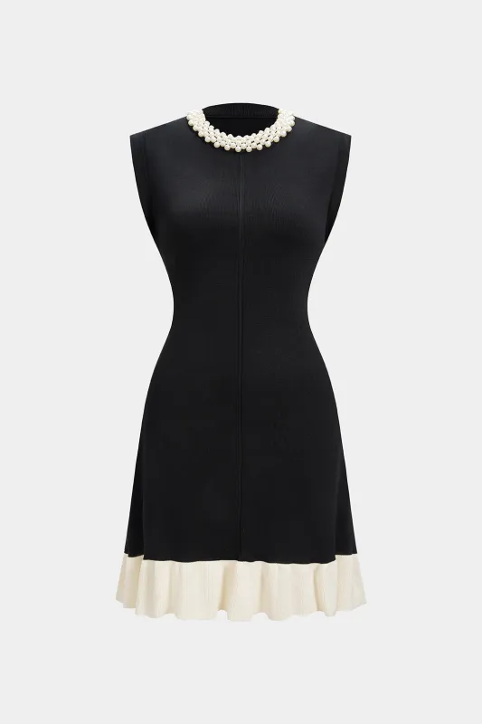 Knit Contrast Pearl Decor Round Neck Sleeveless Dress sold by Micas