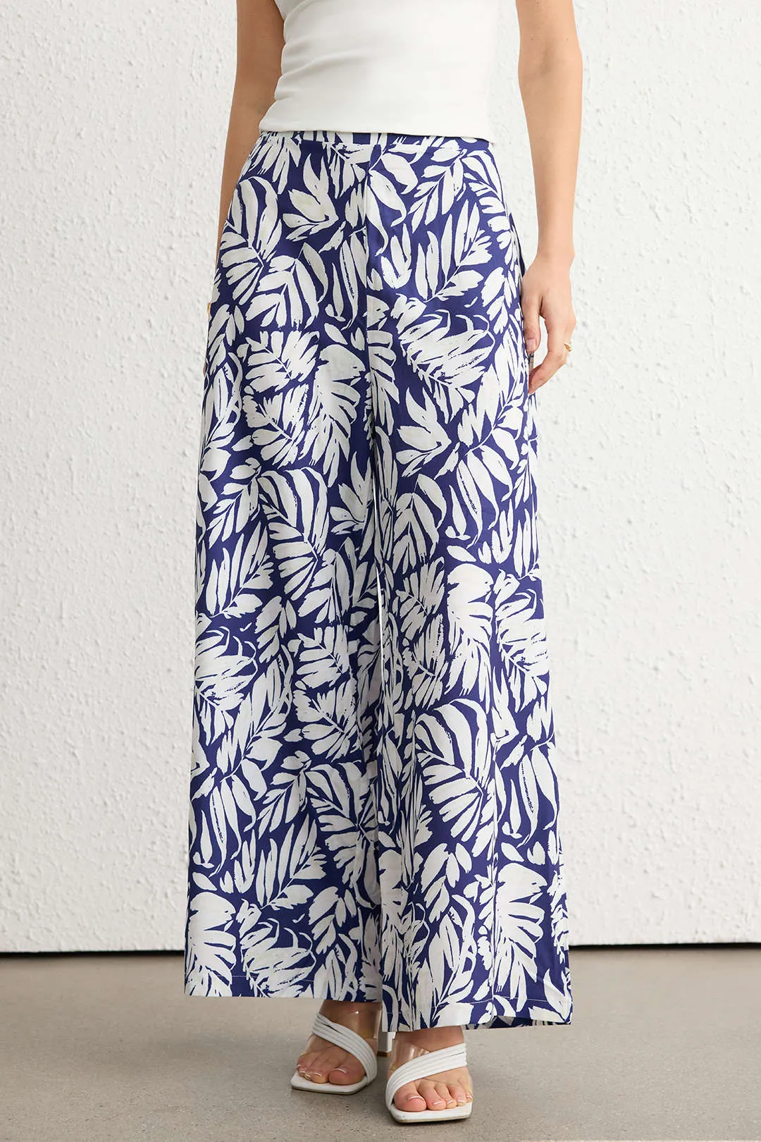 Leaves Print Shirred Waistband Wide Leg Pants sold by Micas