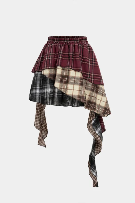 Contrast Plaid Print Asymmetrical Layer Skirt sold by Micas