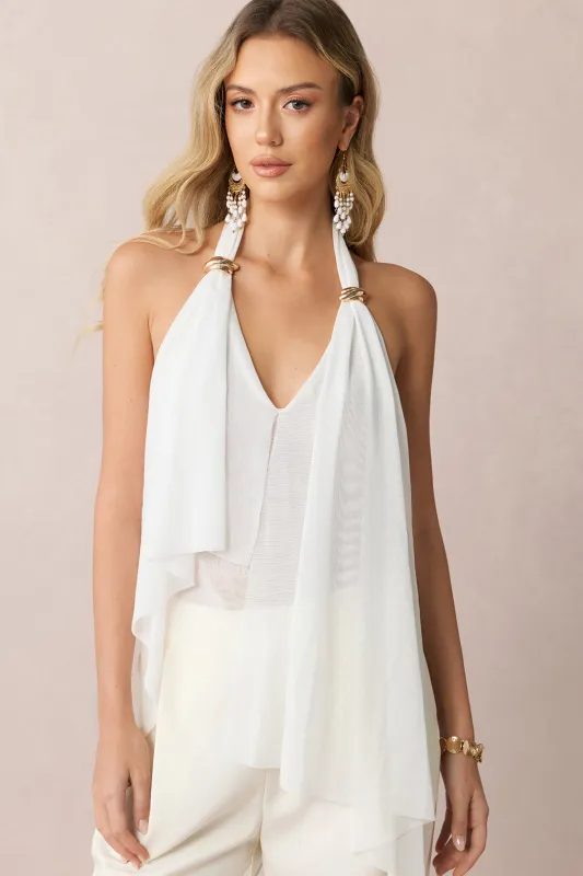 Mesh Halter V-Neck Asymmetrical Backless Ruched Cami Top sold by Micas