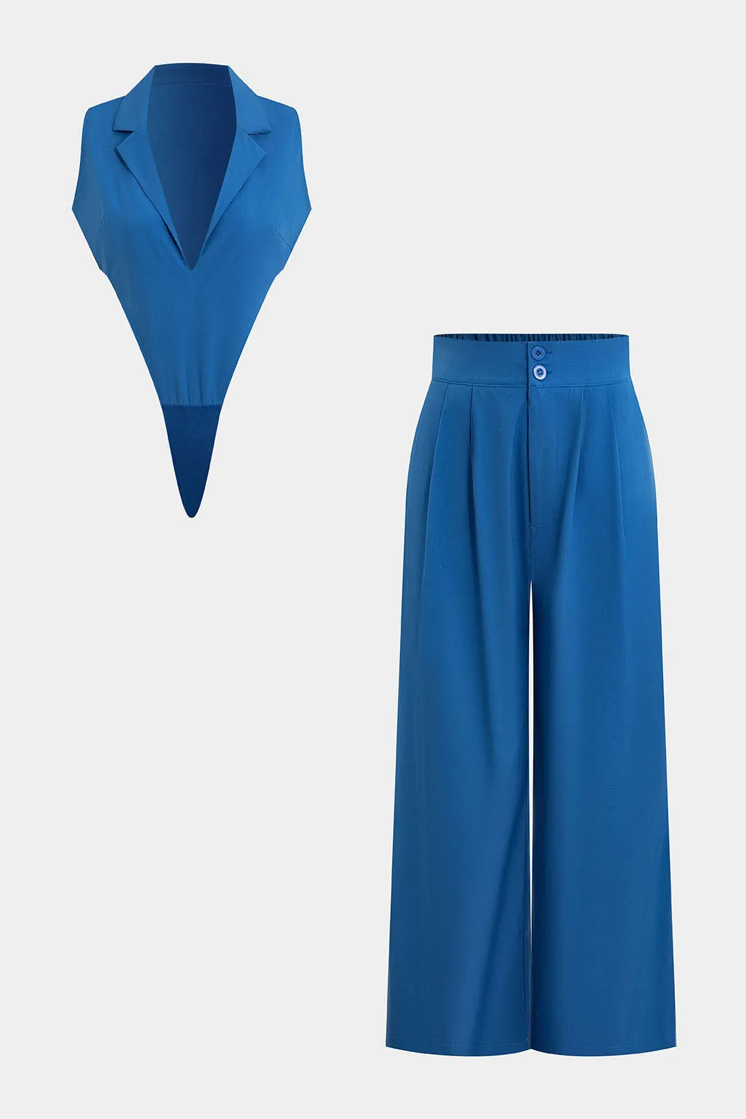 Deep V-Neck Lapel Sleeveless Bodysuit And Wide Leg Pants Set sold by Micas product image thumbnail 3