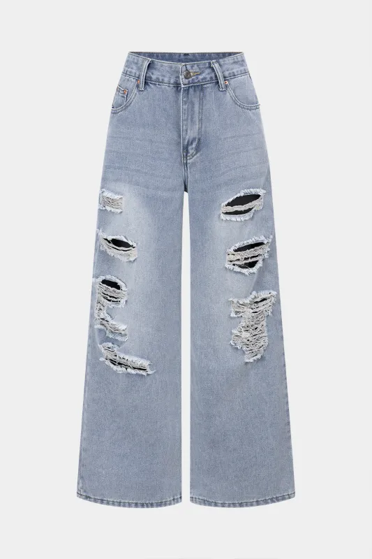 Denim Frayed Cut Out Straight Leg Jeans made by Micas
