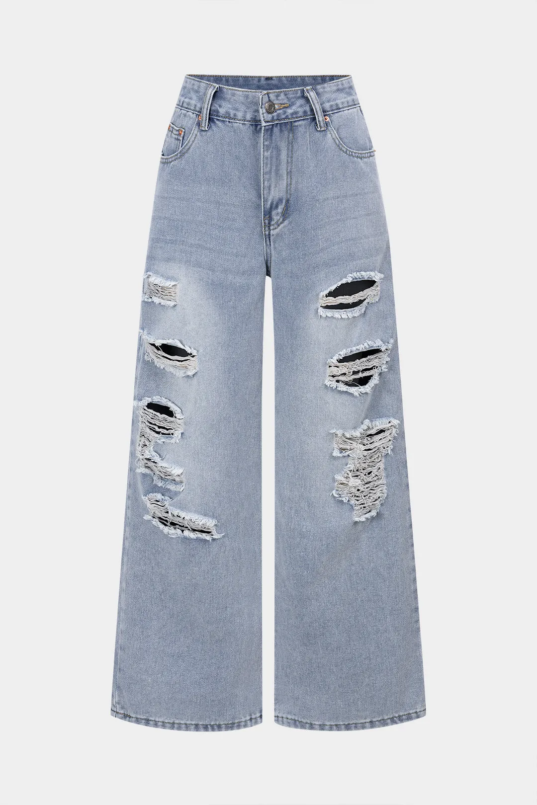 Denim Frayed Cut Out Straight Leg Jeans sold by Micas