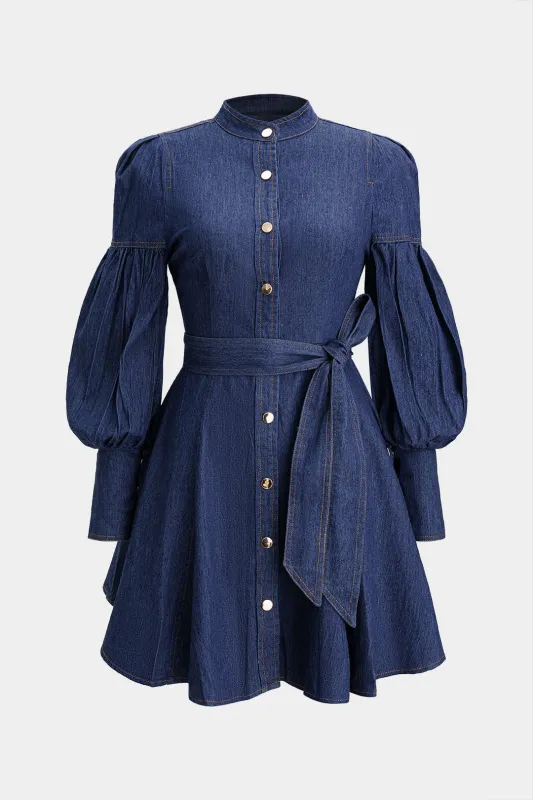 Denim Mock Neck Button Tie-Up Lantern Long Sleeve Dress sold by Micas