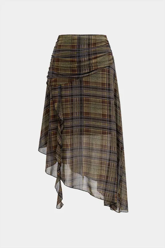 Plaid Ruched Asymmetrical Hem Skirt made by Micas