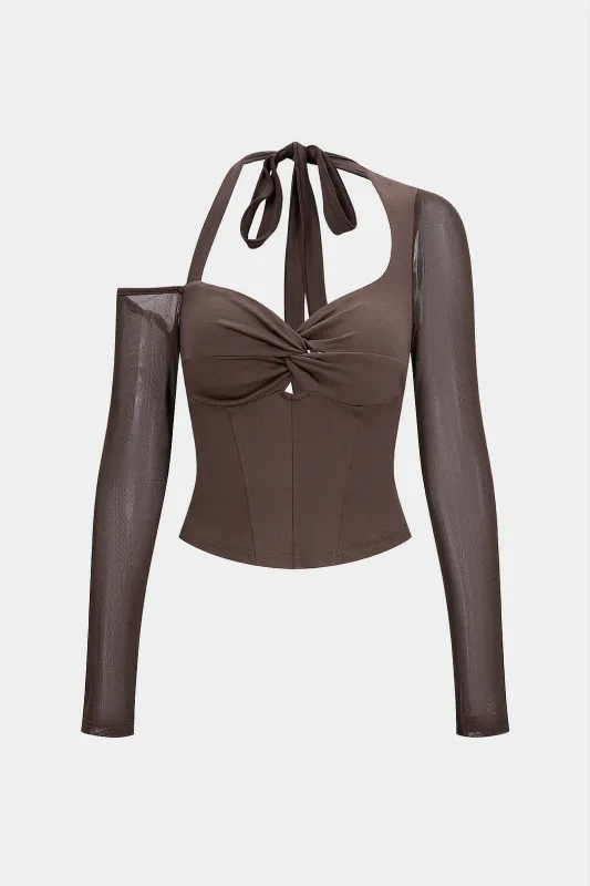 Halter Neck Tie-Back Asymmetrical Twist Knot Corset Long-Sleeve Top sold by Micas