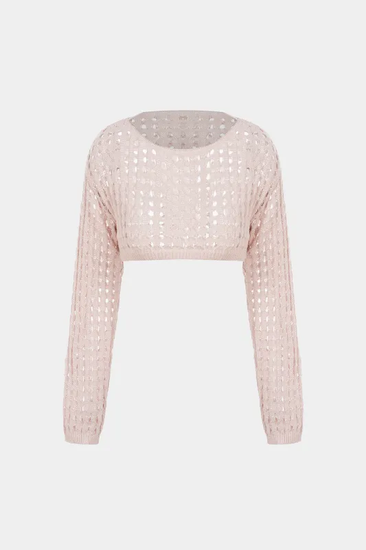 Knit Round Neck Hollow Out Long-Sleeve Cropped Top sold by Micas
