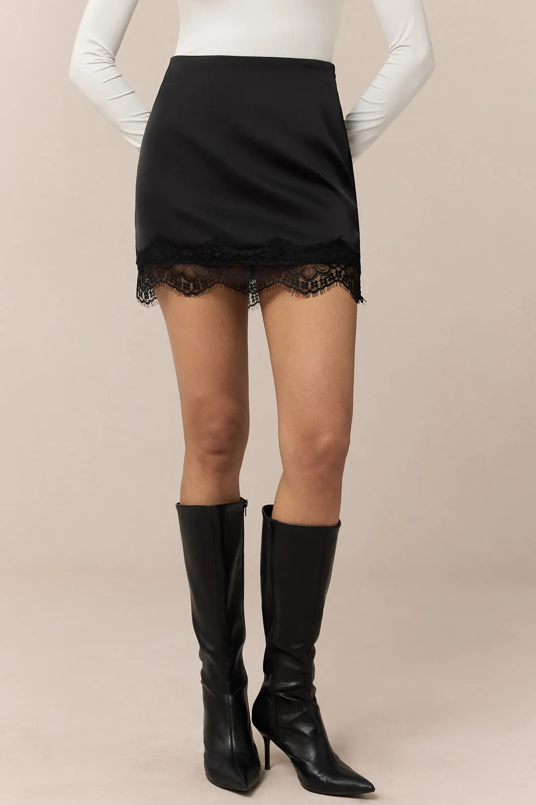 Satin Patchwork Lace Trim Zipper Mini Skirt sold by Micas product image thumbnail 3
