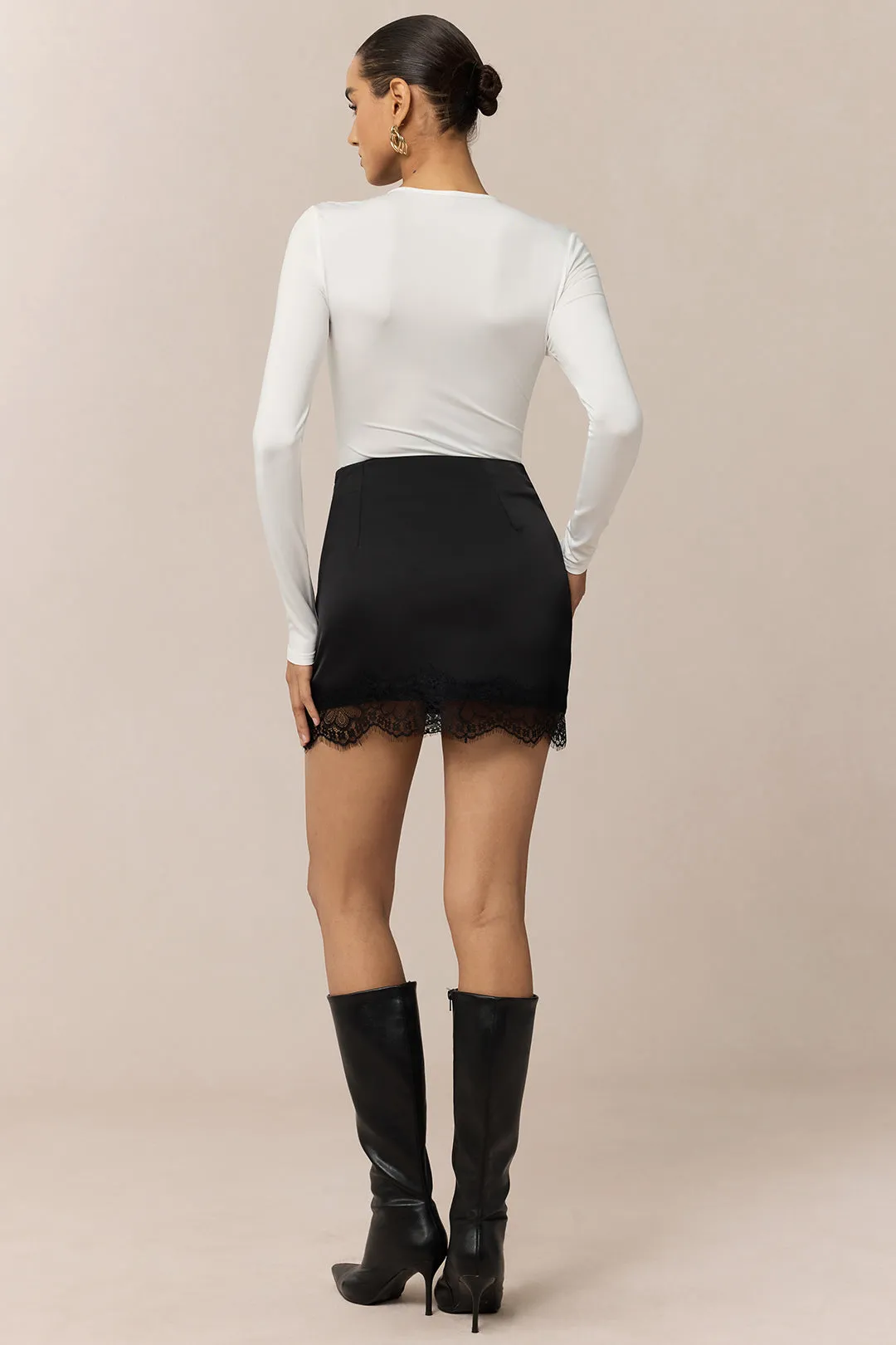 Satin Patchwork Lace Trim Zipper Mini Skirt sold by Micas product image thumbnail 5