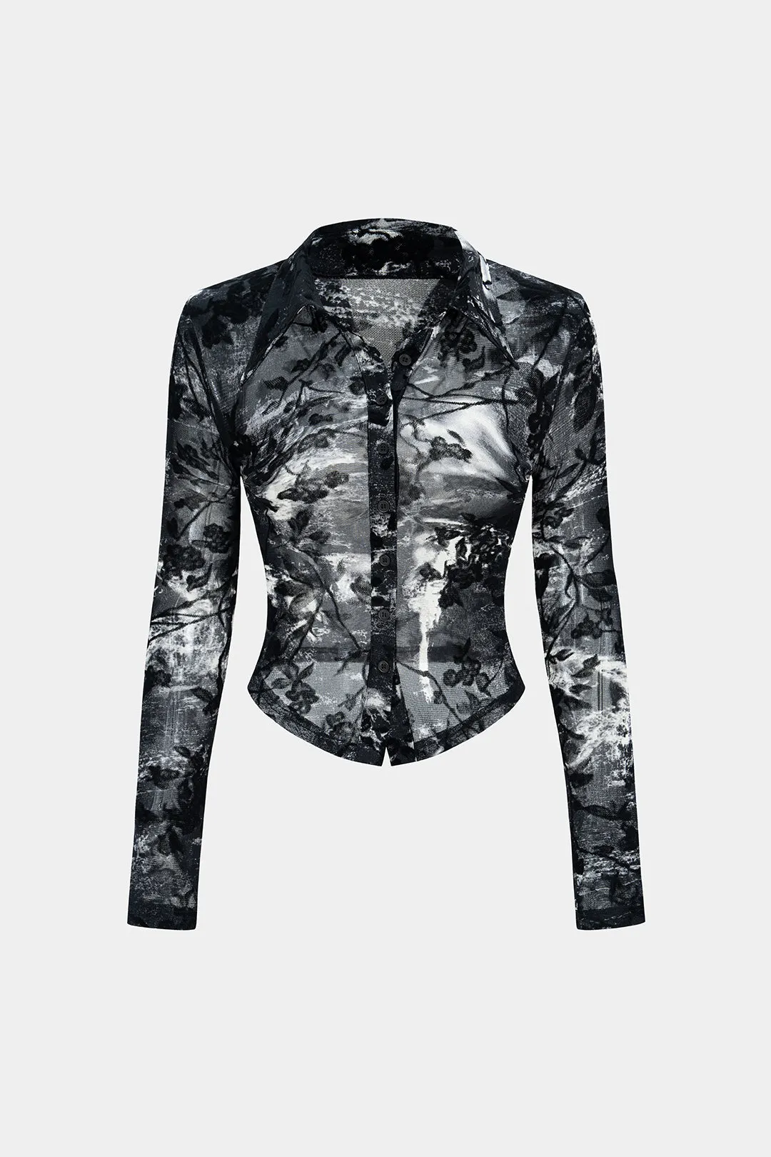 Sheer Floral Print Lapel Long Sleeve Top sold by Micas