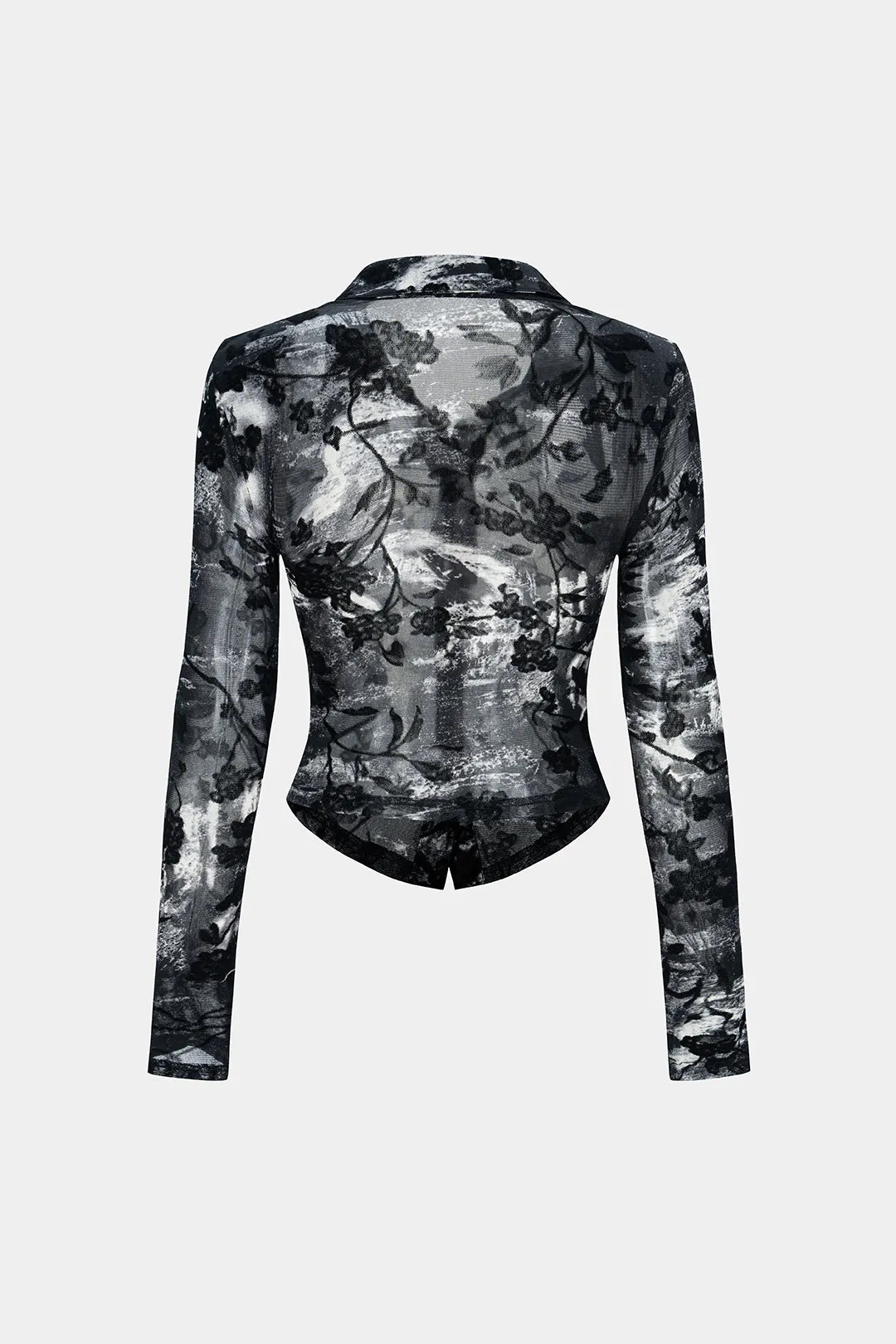 Sheer Floral Print Lapel Long Sleeve Top sold by Micas product image thumbnail 2
