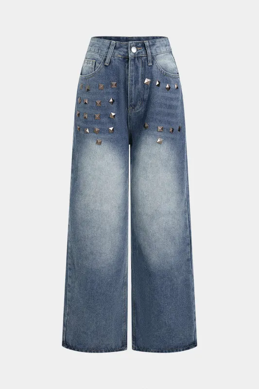 Denim Rivets Decor Pocket Wide Leg Jeans sold by Micas