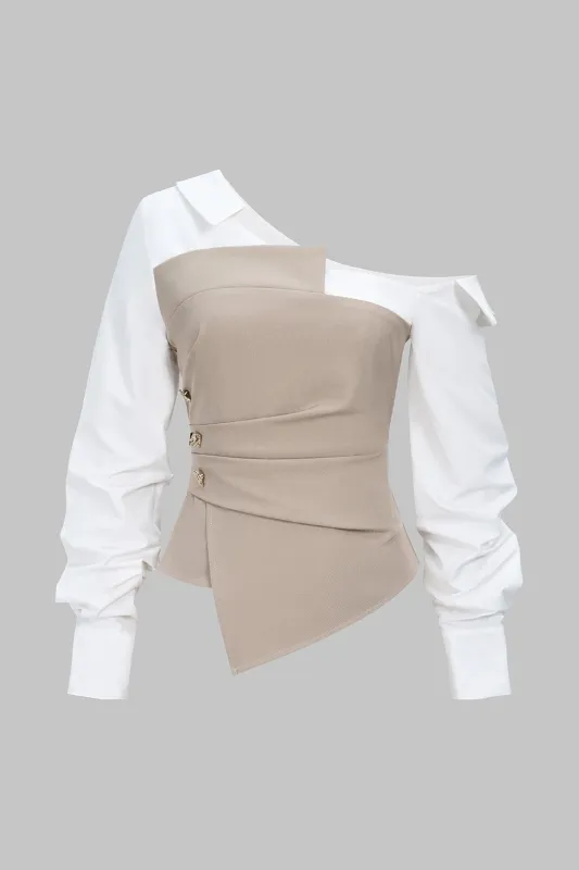 One Shoulder Metallic Decor Zipper Asymmetrical Long-Sleeve Shirt sold by Micas