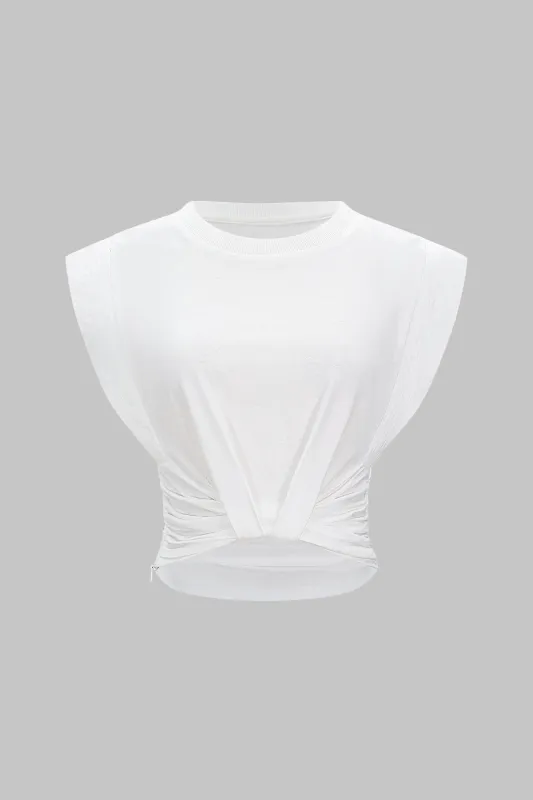 Solid Round Neck Ruched Flutter Sleeve T-Shirt sold by Micas