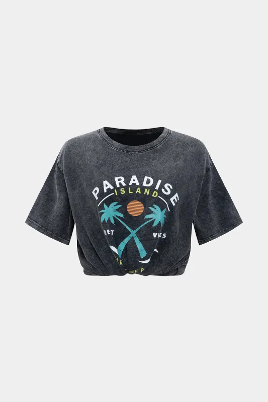 Coconut Palm Print Round Neck Short Sleeve T-Shirt sold by Micas