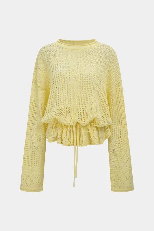 Solid Geometric Round Neck Drawstring Long-Sleeve Top sold by Micas