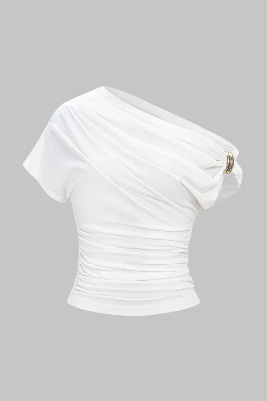 Metallic Decor One Shoulder Ruched Short Sleeve T-Shirt sold by Micas