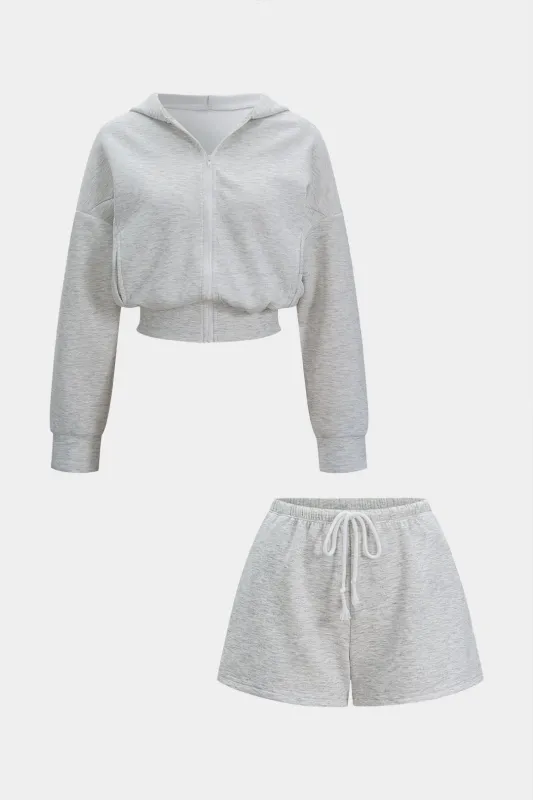 Hooded Pocket Zipper Long Sleeve Sweatshirt And Drawstring Shirred Waistband Shorts Set sold by Micas
