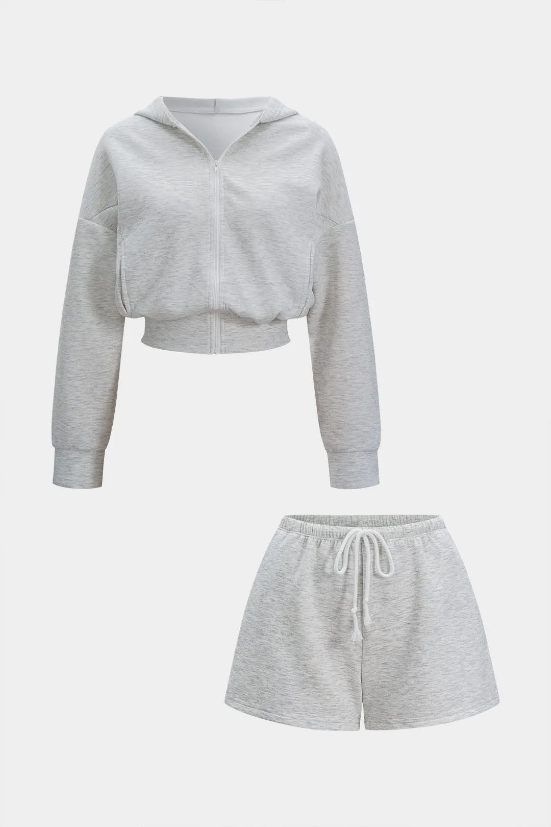 Hooded Pocket Zipper Long Sleeve Sweatshirt And Drawstring Shirred Waistband Shorts Set sold by Micas