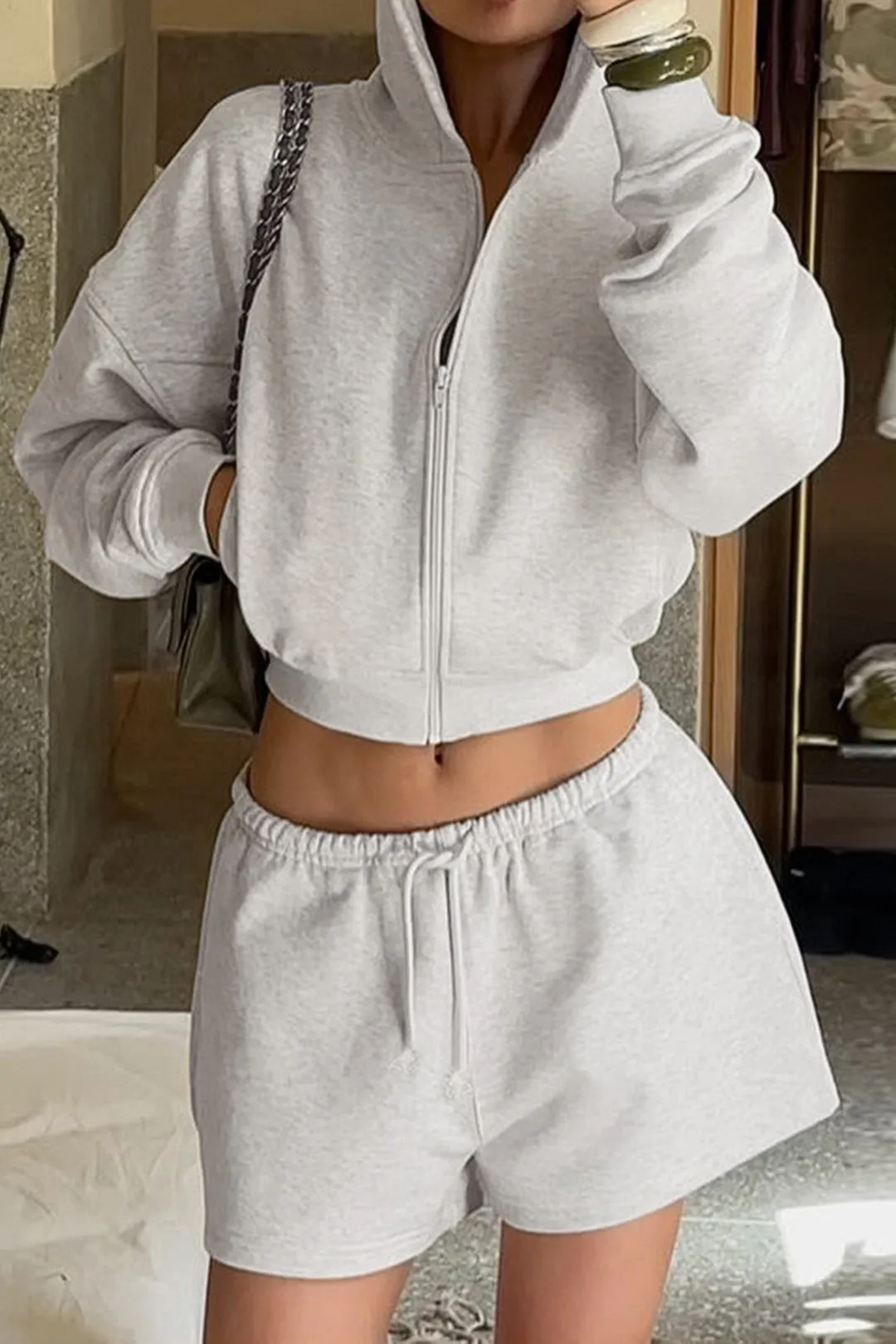 Hooded Pocket Zipper Long Sleeve Sweatshirt And Drawstring Shirred Waistband Shorts Set sold by Micas product image thumbnail 5