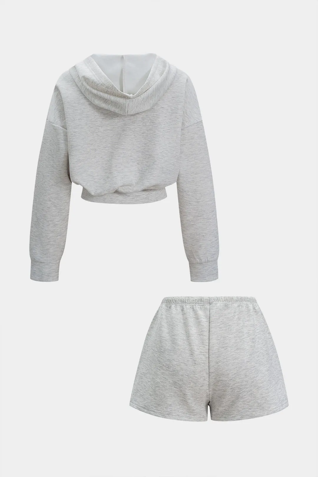 Hooded Pocket Zipper Long Sleeve Sweatshirt And Drawstring Shirred Waistband Shorts Set sold by Micas product image thumbnail 2