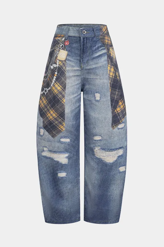 Plaid Denim Print High Waist Wide Leg Pants sold by Micas
