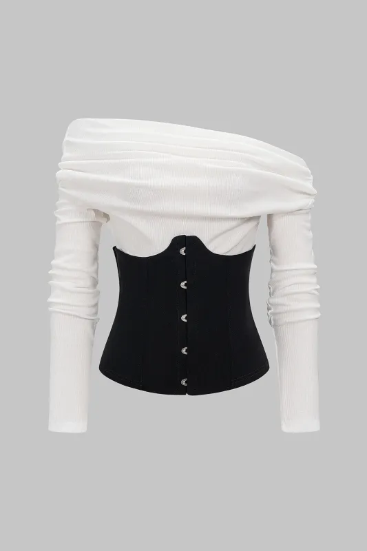 Contrast Patchwork Off Shoulder Long-Sleeve Top sold by Micas