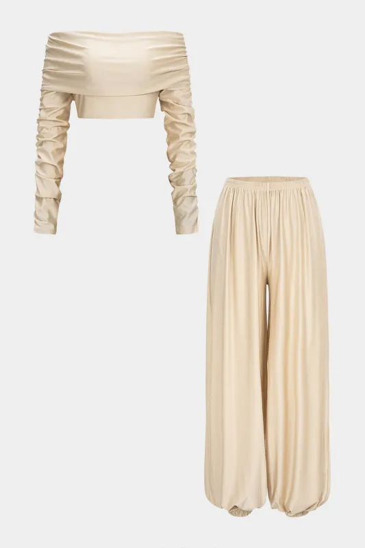 Ruched Off Shoulder Long Sleeve Cropped Top And High Waist Lantern Pants Set sold by Micas