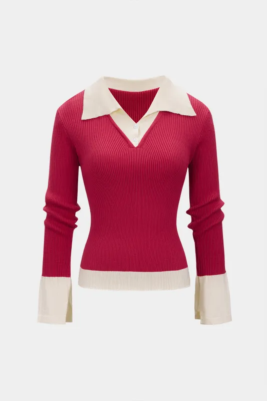 Knit Patchwork Contrast V-Neck Long-Sleeve Top sold by Micas