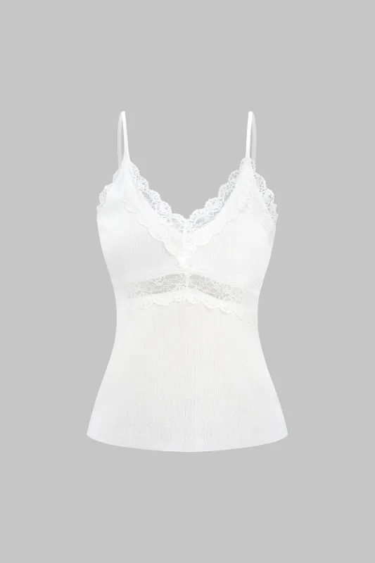 Knit Patchwork Lace Trim V-Neck Cami Top made by Micas