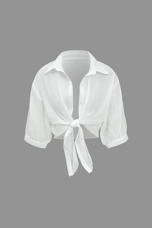 Chiffon Button Tie-Up Short-Sleeve Shirt sold by Micas
