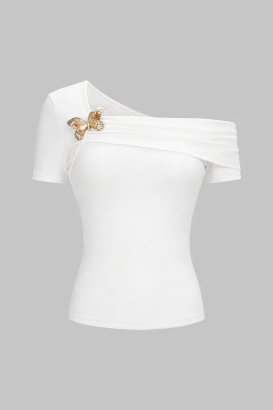 Metallic Decor One Shoulder Asymmetrical Short Sleeve T-Shirt sold by Micas