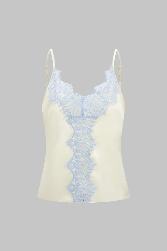 Satin Patchwork Lace Trim V-Neck Cami Top sold by Micas