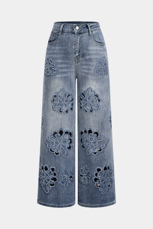 Denim Embroidery Rhinestone Decor Straight Leg Jeans sold by Micas