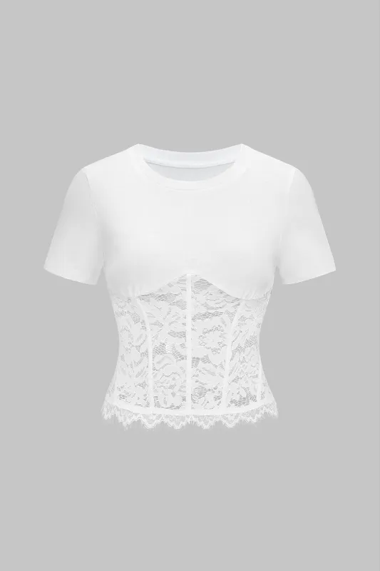 Lace Patchwork Round Sleeve Short Sleeve T-Shirt sold by Micas