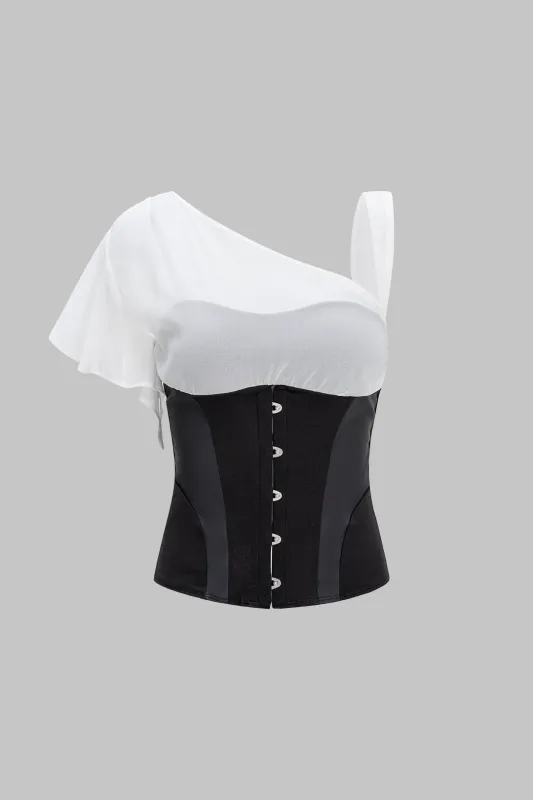 Patchwork Faux Leather Asymmetrical Short-Sleeve Shirt sold by Micas