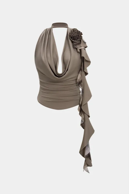 Mesh Patchwork Halter Draped Cowl Neck Strappy 3D Flower Cami Top sold by Micas