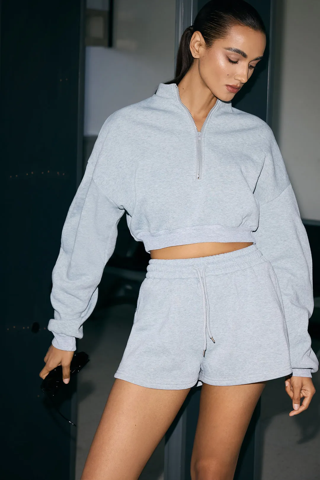 Solid Zipper Long Sleeve Cropped Sweater And Drawstring Wide Leg Shorts Set sold by Micas product image thumbnail 3