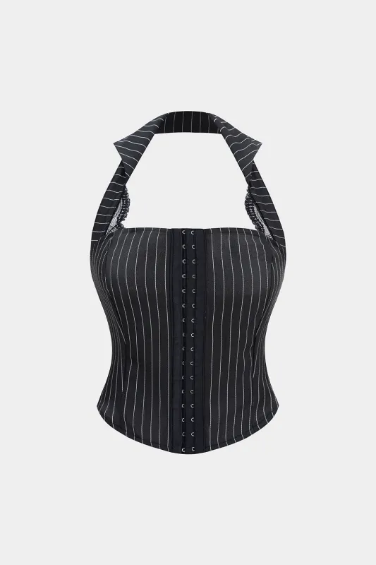 Stripes Print Halter Neck Backless Cami Top made by Micas