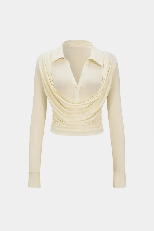 Polo Collar Ruched Long-Sleeve Top sold by Micas