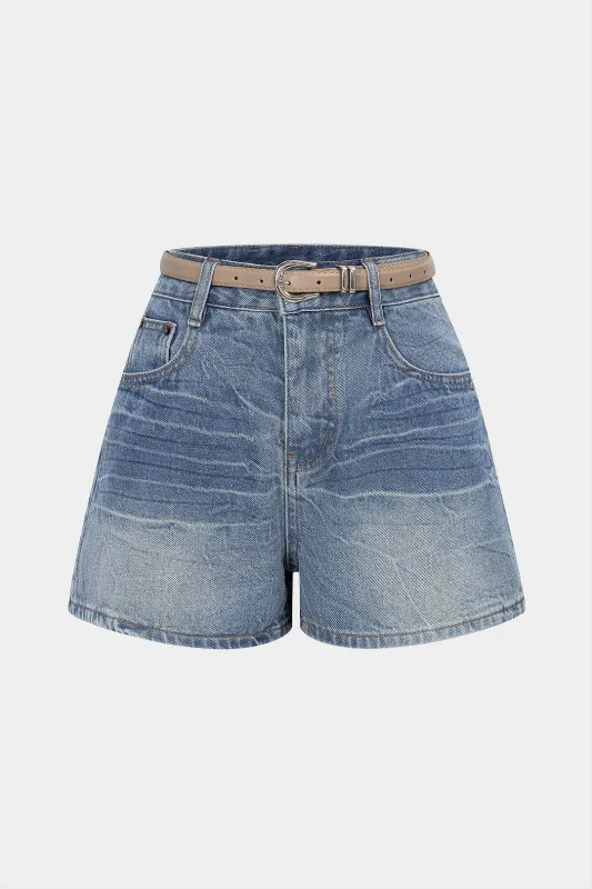 Denim Belted High Waist Shorts sold by Micas