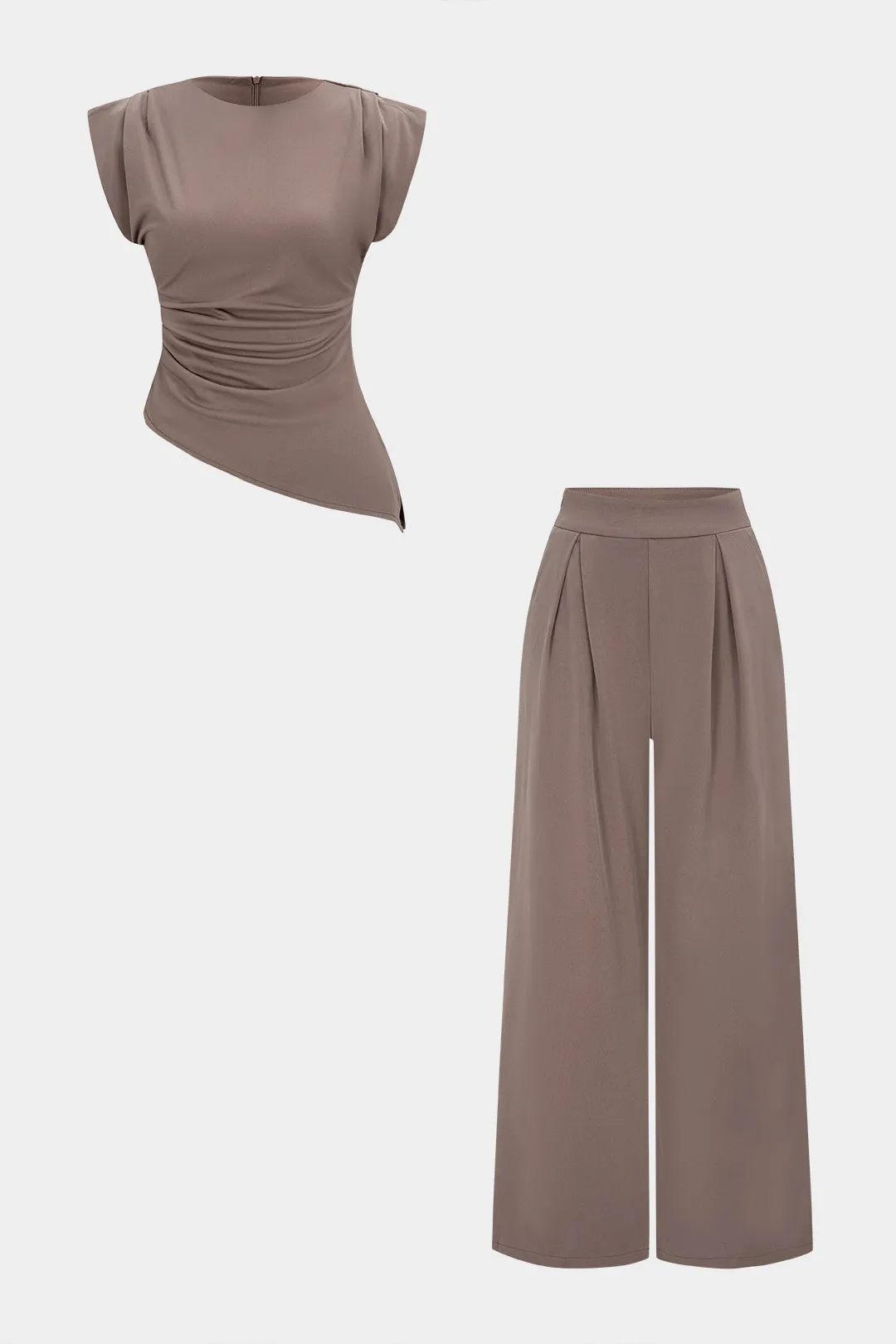 Solid Round Neck Ruched Tank Top And High Waist Wide Pants Set sold by Micas