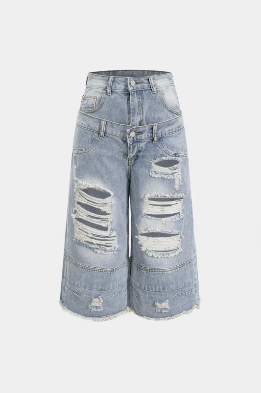 Denim Double Waistband Ripped Wide Leg Shorts sold by Micas