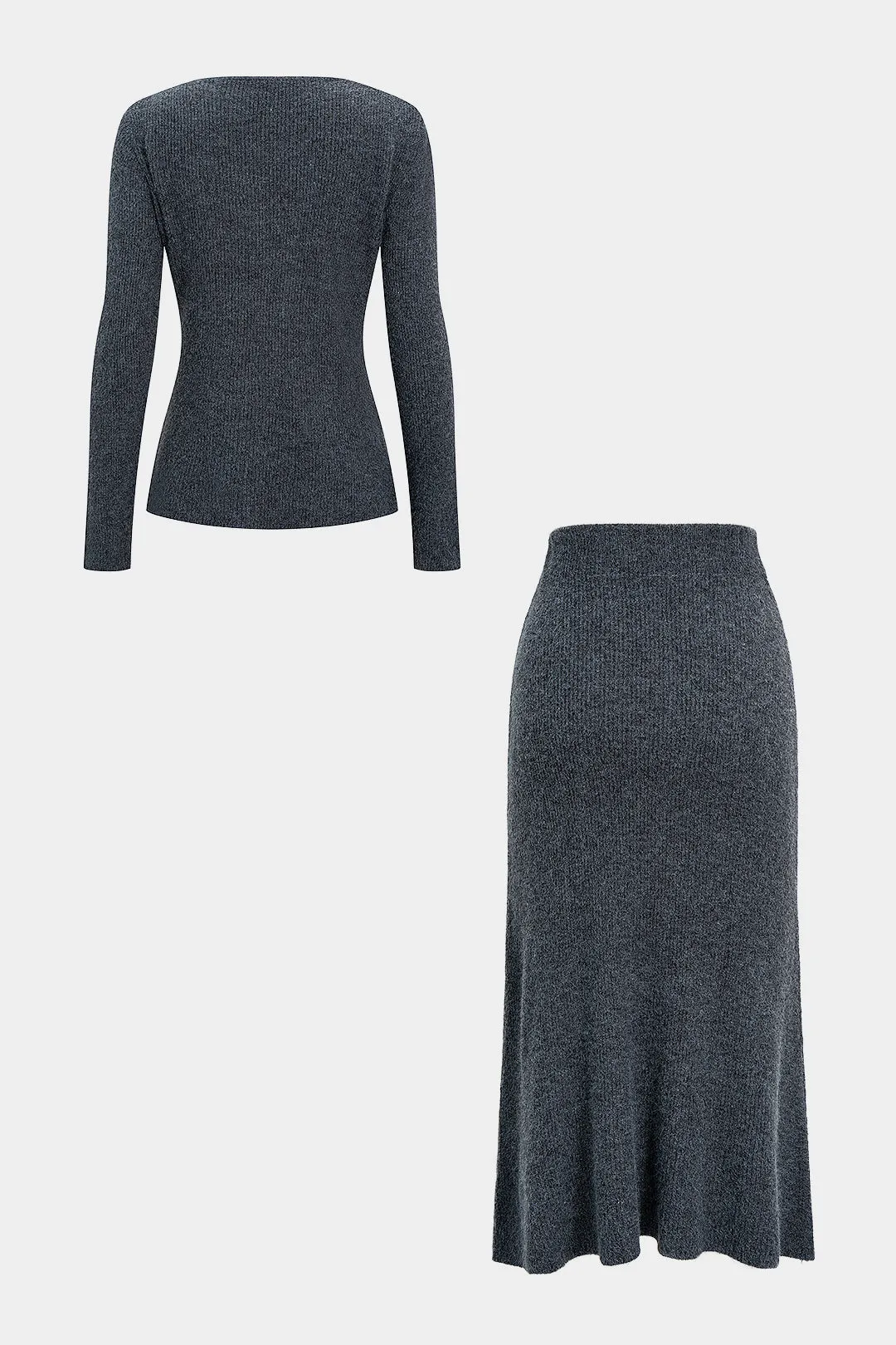 Knit V-Neck Button Long Sleeve Top And High Waist Skirt Set sold by Micas product image thumbnail 2